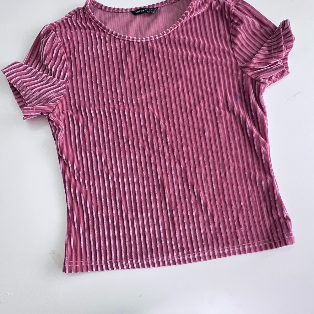 SHEIN Pink Ribbed Fitted Short Sleeve Tee